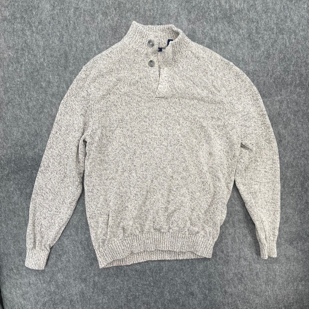 IZOD Sweater Mens Large Quarter Button Mock Neck Cream Grey Marl Knit